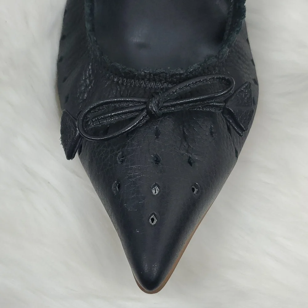 Cindy Says Black Leather Bow Heels Size 8 Slip On Elastic Back Dress  Shoes